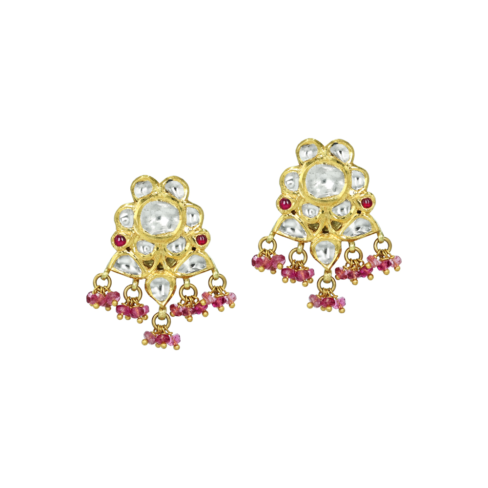 Floral Polki Stud Earrings with Tourmaline Beads and Ruby Accents